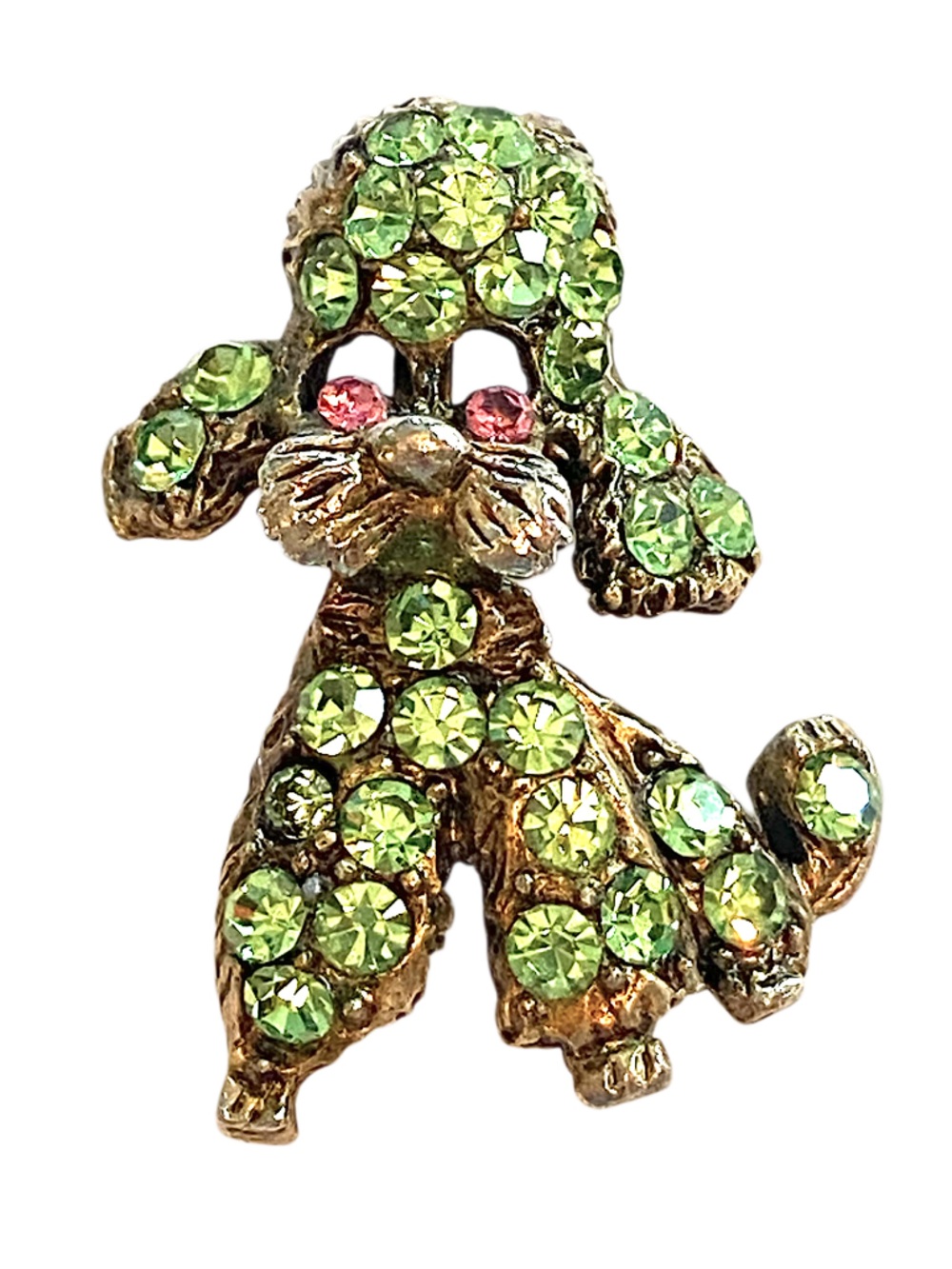 Vintage 1960s Poodle Dog Brooch Green Rhinestone